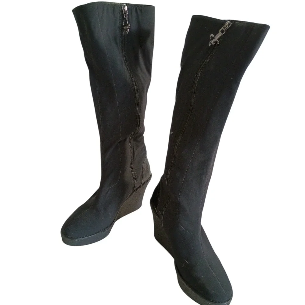 Donald J Pliner TRIKE Black Stretch Wedge Knee High‎ Boots Croc Embossed Size 6M
